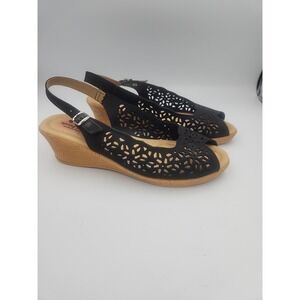 Spring Step Leather‎ Black Open Toes Heels Size 10.5